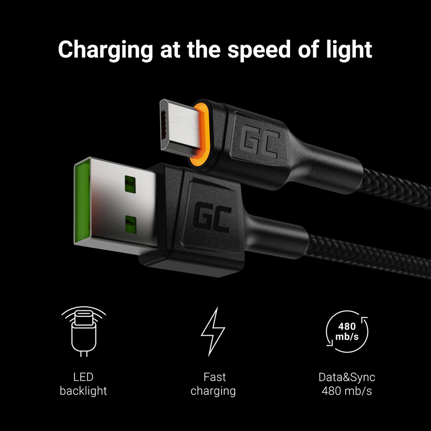 Green Cell kabel Ray USB-A - microUSB Orange LED 200cm with support za Ultra Charge QC3.0 fast charging (KABGC11)